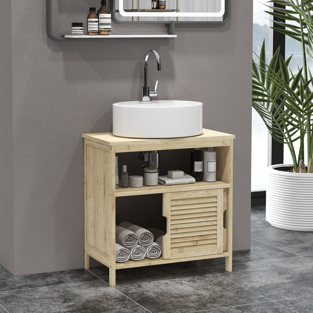 Meuble sous lavabo 2 portes coulissantes en bambou bois naturel