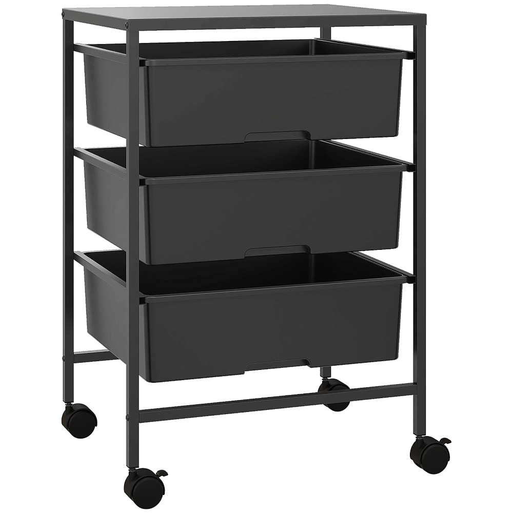 Homcom 3-Etagen-Servierwagen, Tablett & Körbe, Schwarzstahl Schwarz