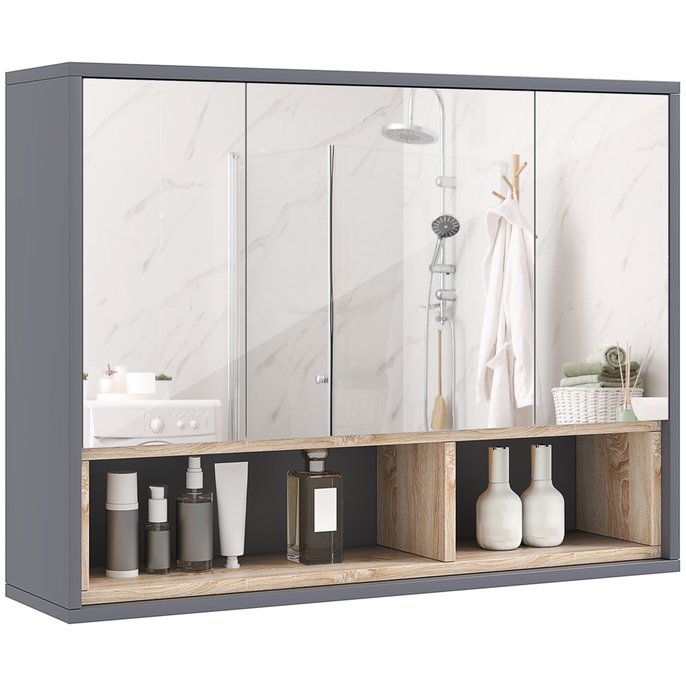 Armoire murale salle de bain miroir 3 portes 8 compartiments gris