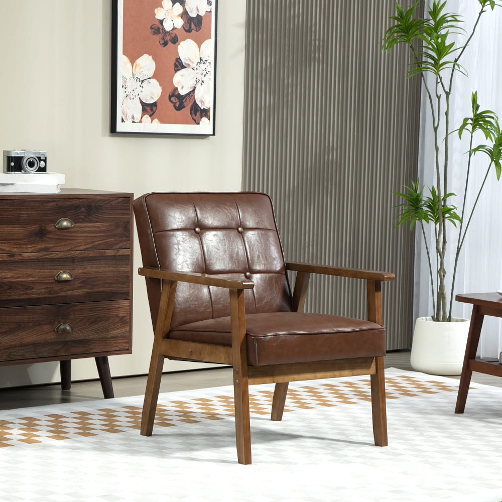 Fauteuil de salon dossier capitonné en cuir synthétique marron