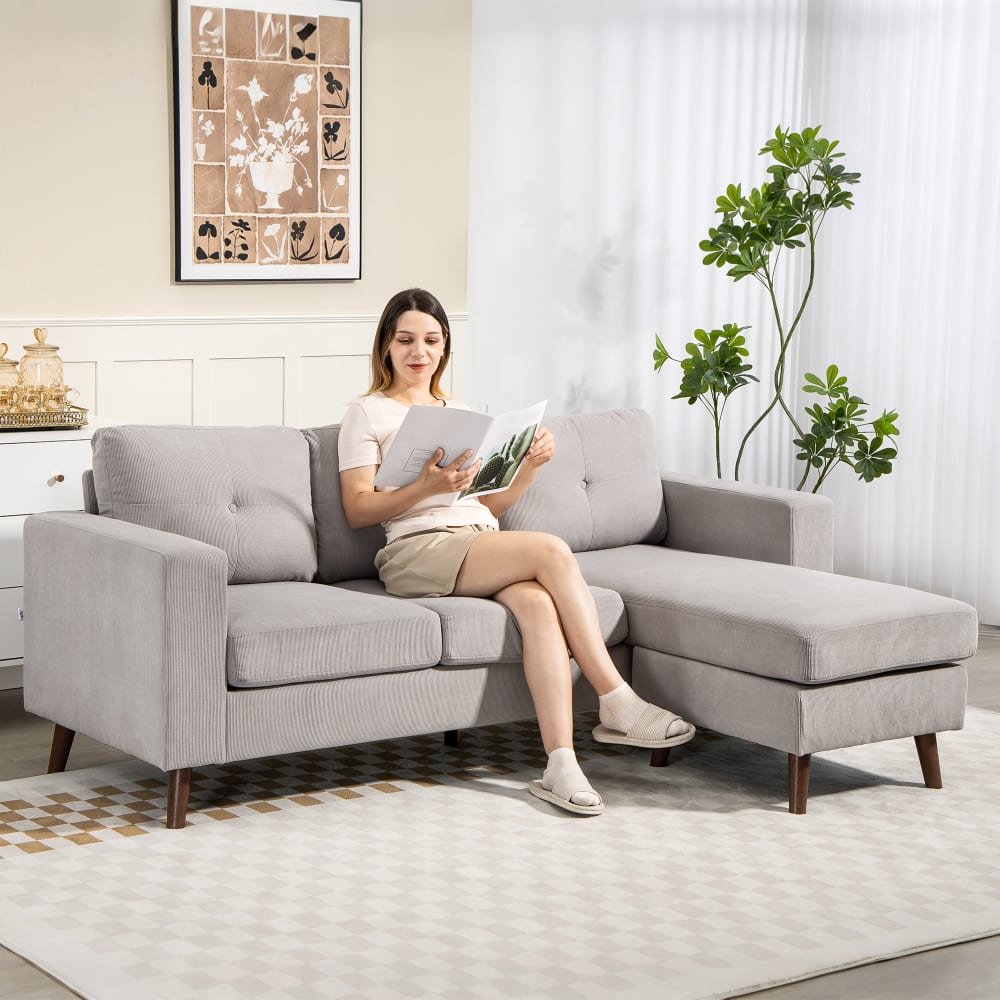 Canapé d'angle 3 places méridienne réversible velours côtelé gris