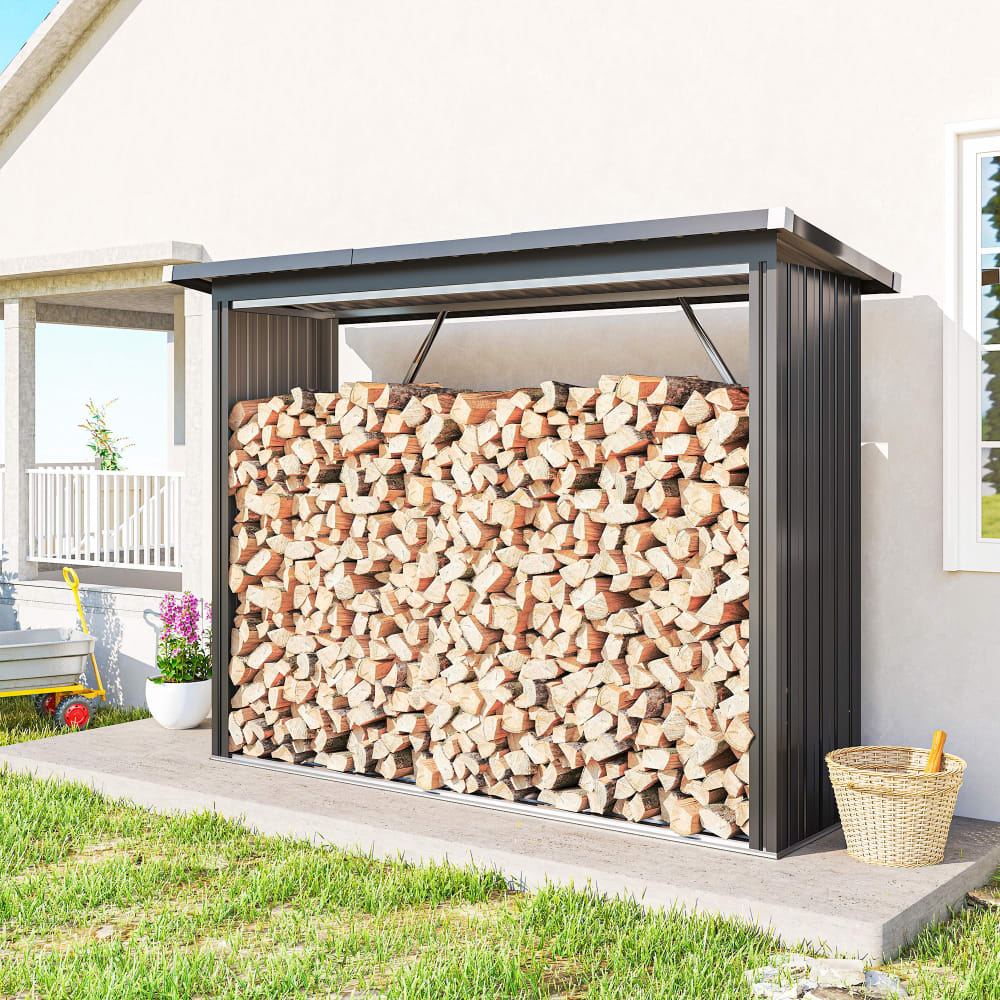 Abri-bûches plancher surélevé toit incliné acier galvanisé gris foncé