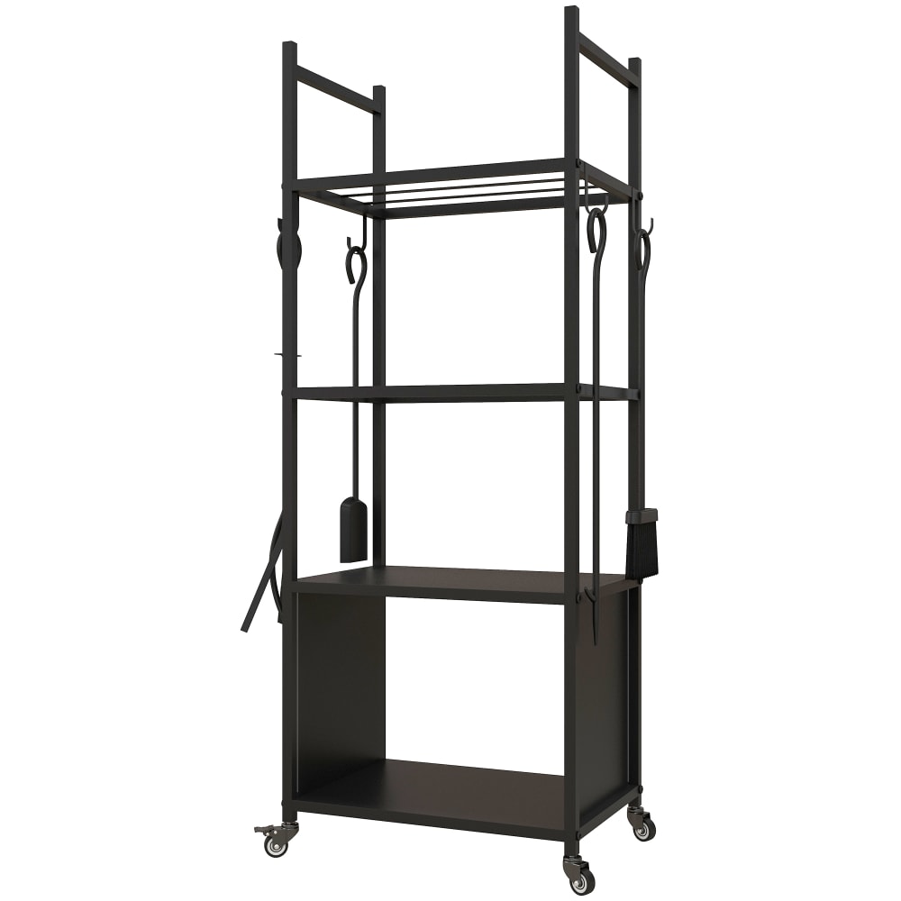 Chariot range bûches 4 outils de cheminée 4 étagères en métal noir