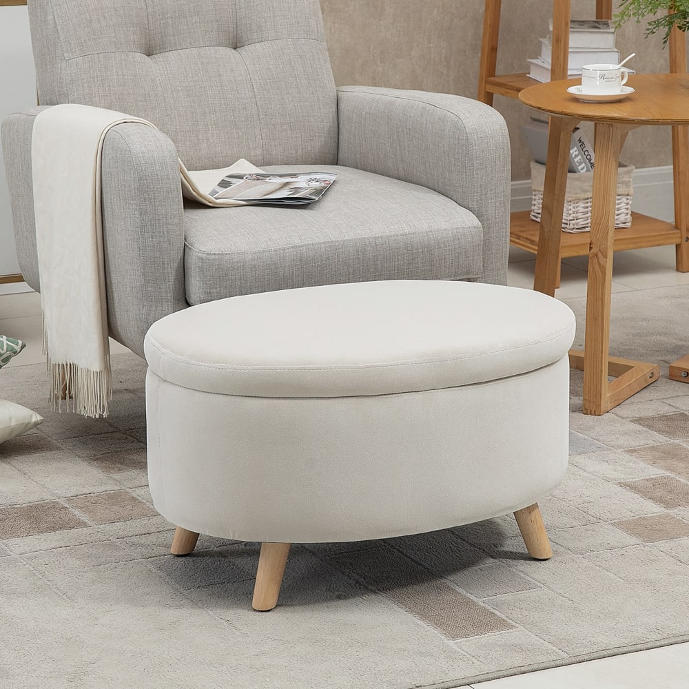 Tabouret de rangement coffre tabouret ovale velours beige