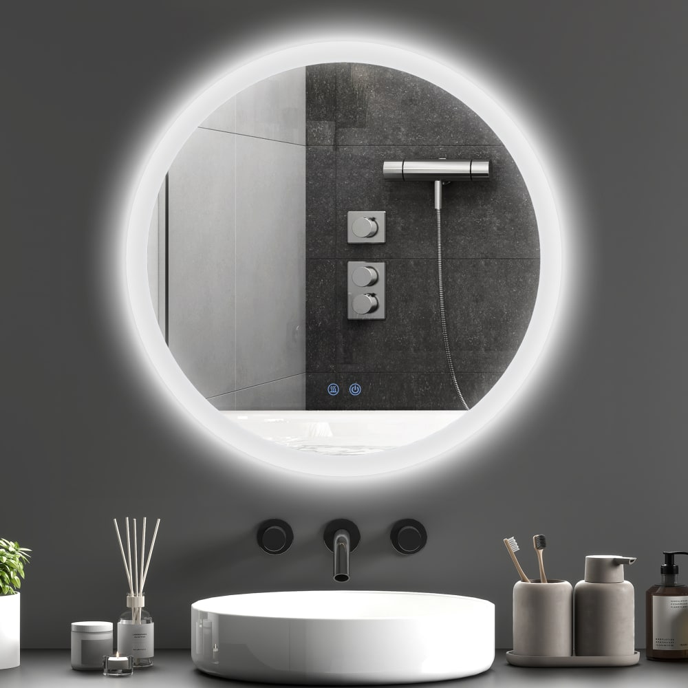 Miroir rond lumineux led salle de bain antibuée verre gris