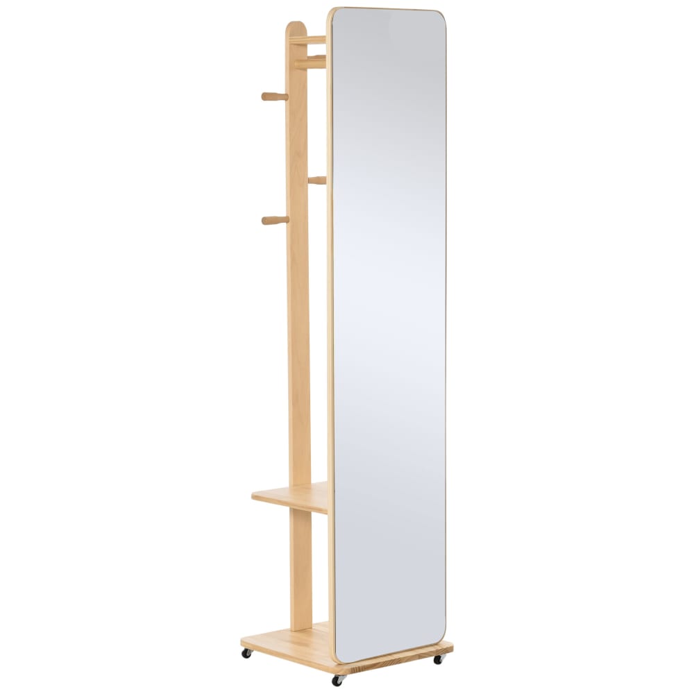 Miroir sur pied avec roulettes portant 4 patères mdf bois clair