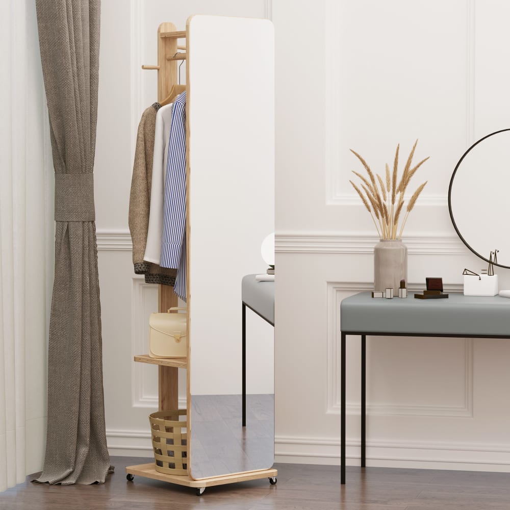 Miroir sur pied avec roulettes portant 4 patères mdf bois clair