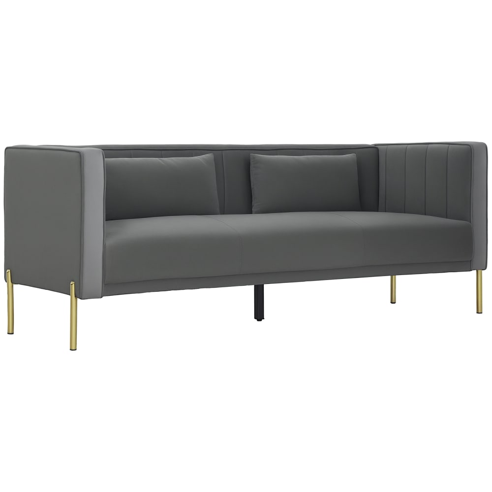 Canapé 3 places design piètement circulaire métal doré velours gris