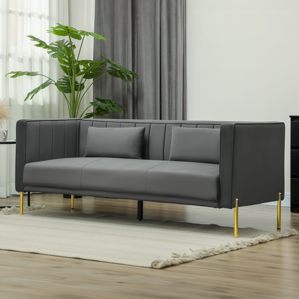 Canapé 3 places design piètement circulaire métal doré velours gris