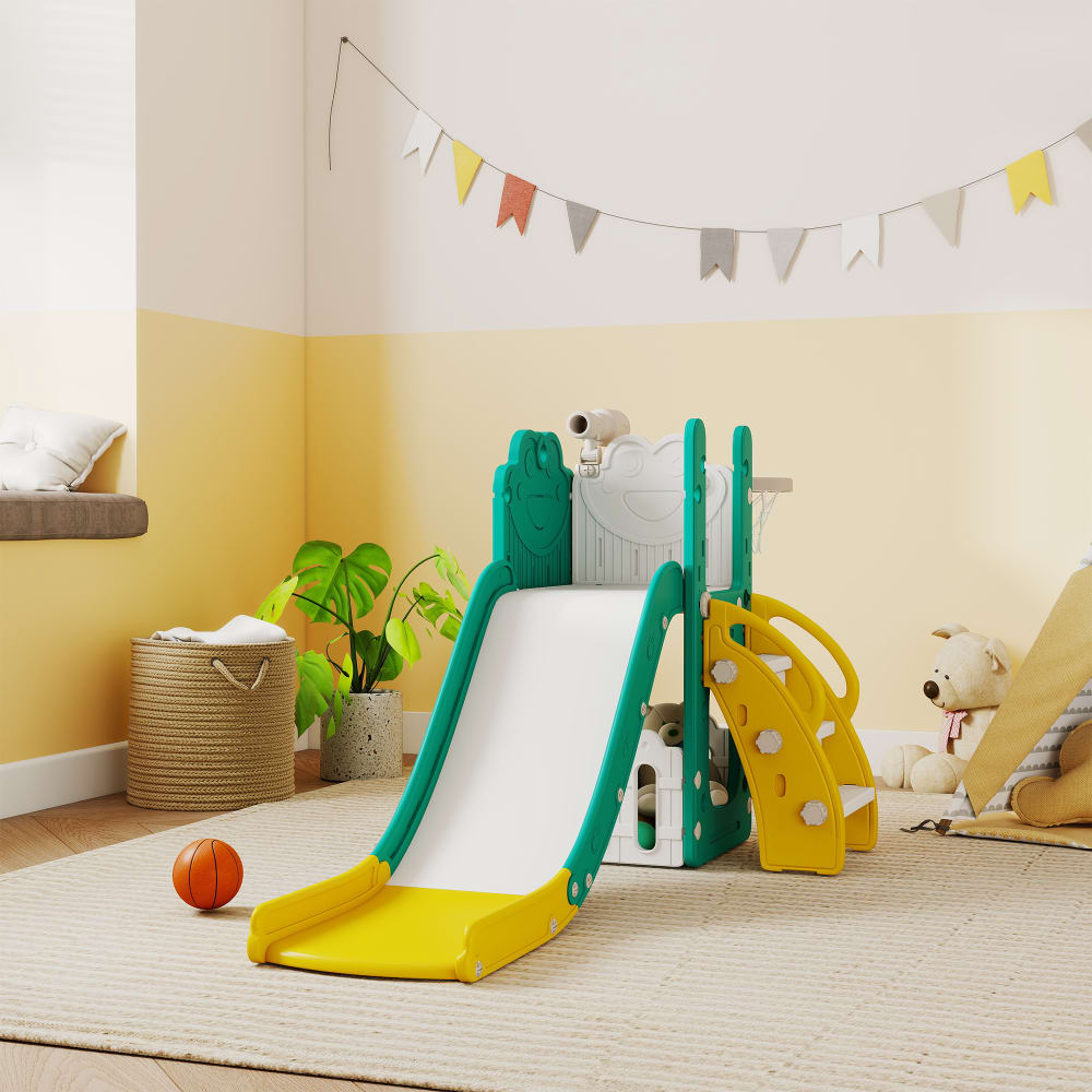 Toboggan pour tout-petits 5 en 1 avec panier de basket plastique jaune (Aiyaplay) - Image 1