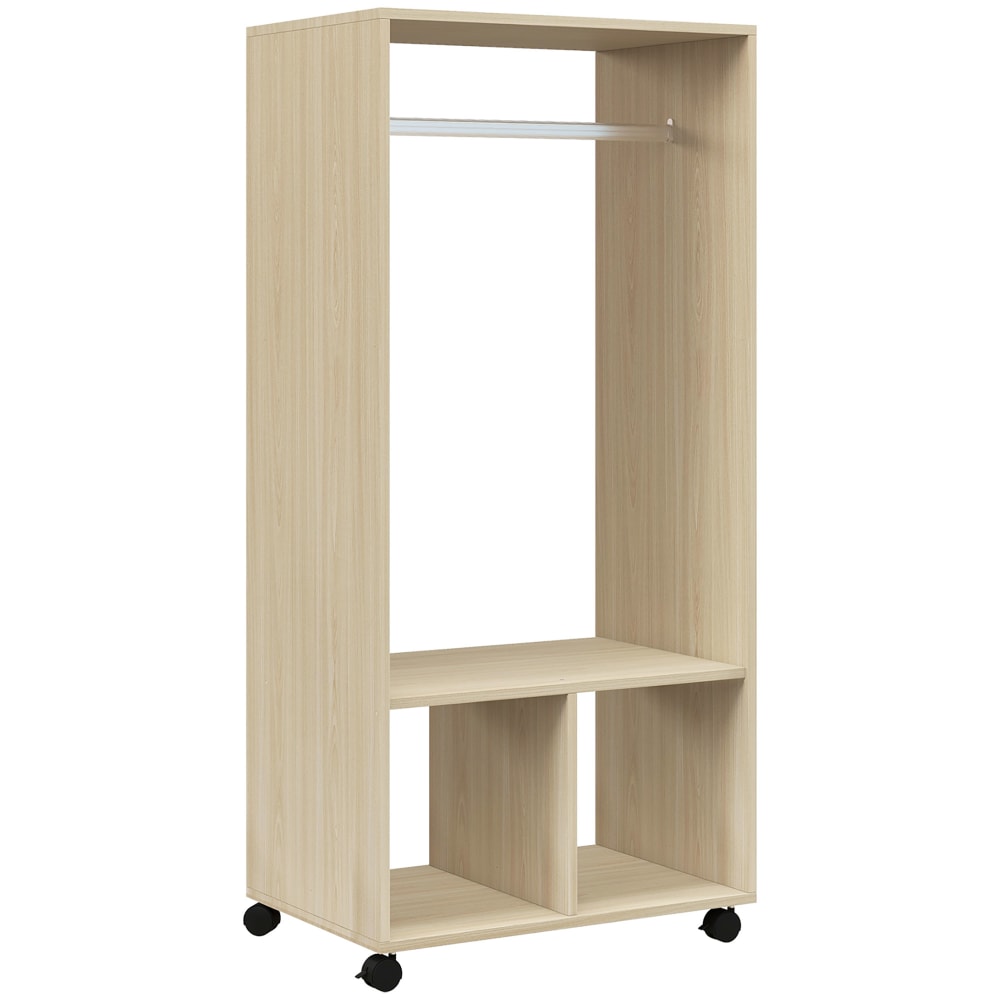 Armoire penderie étagère 4 roulettes pivotantes bois naturel