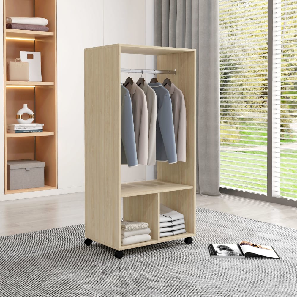 Armoire penderie étagère 4 roulettes pivotantes bois naturel