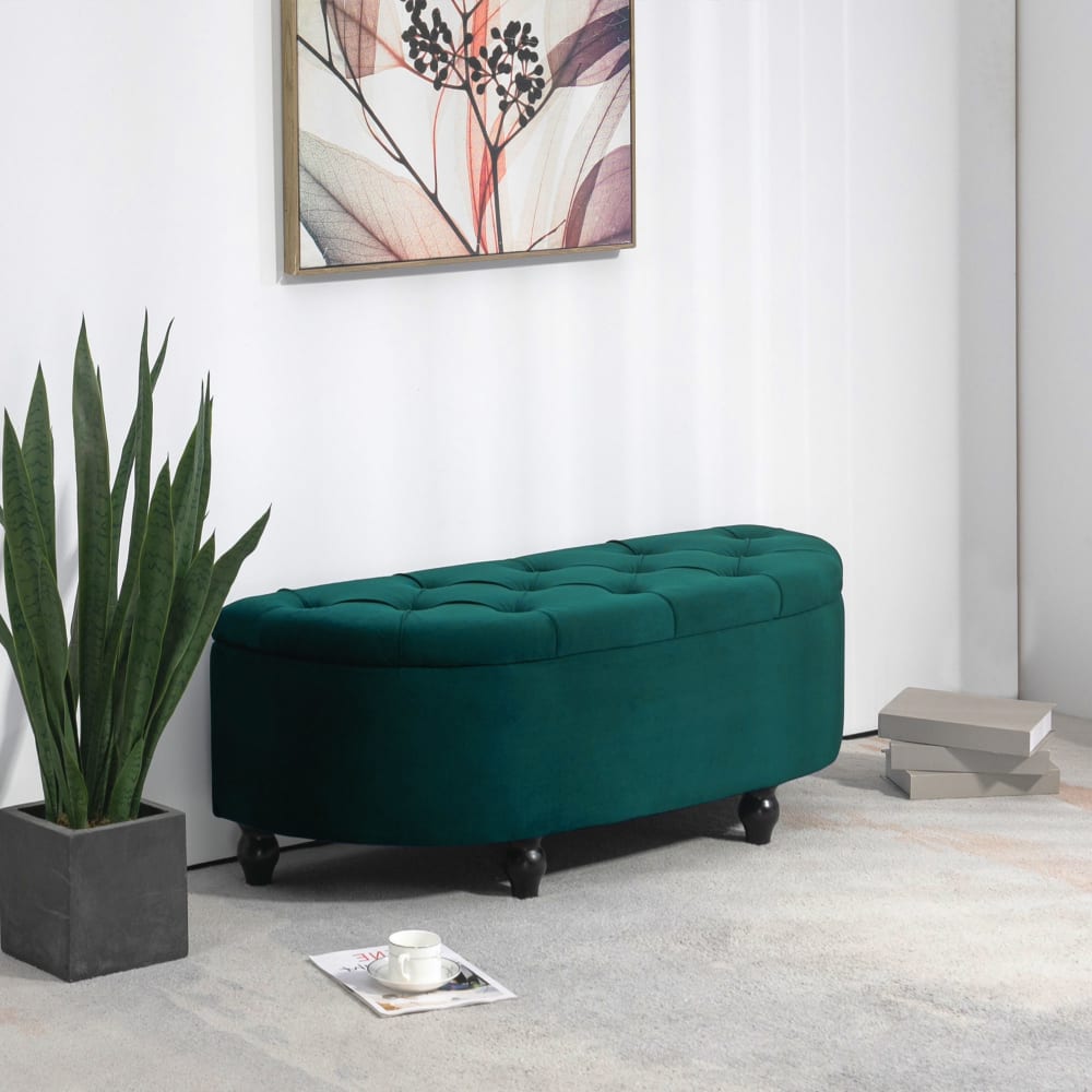 Banc coffre de rangement demi-cercle revêtement velours vert