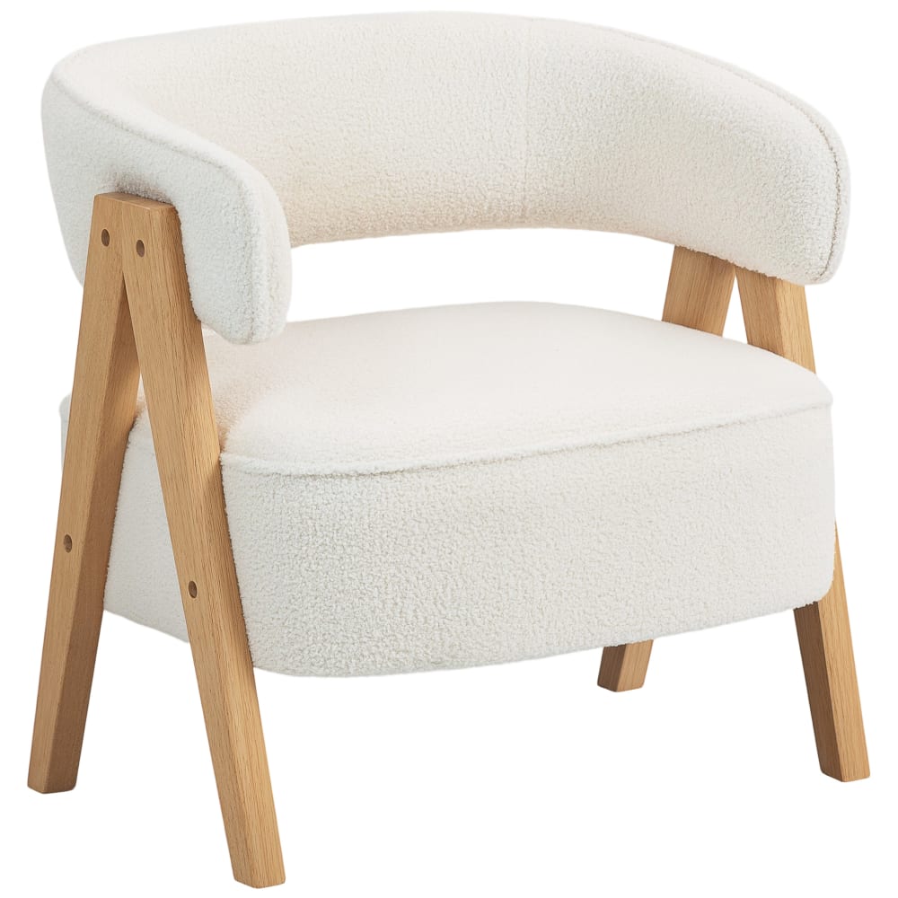 Fauteuil salon assise large tissu bouclette pieds en bois massif blanc — Beyit