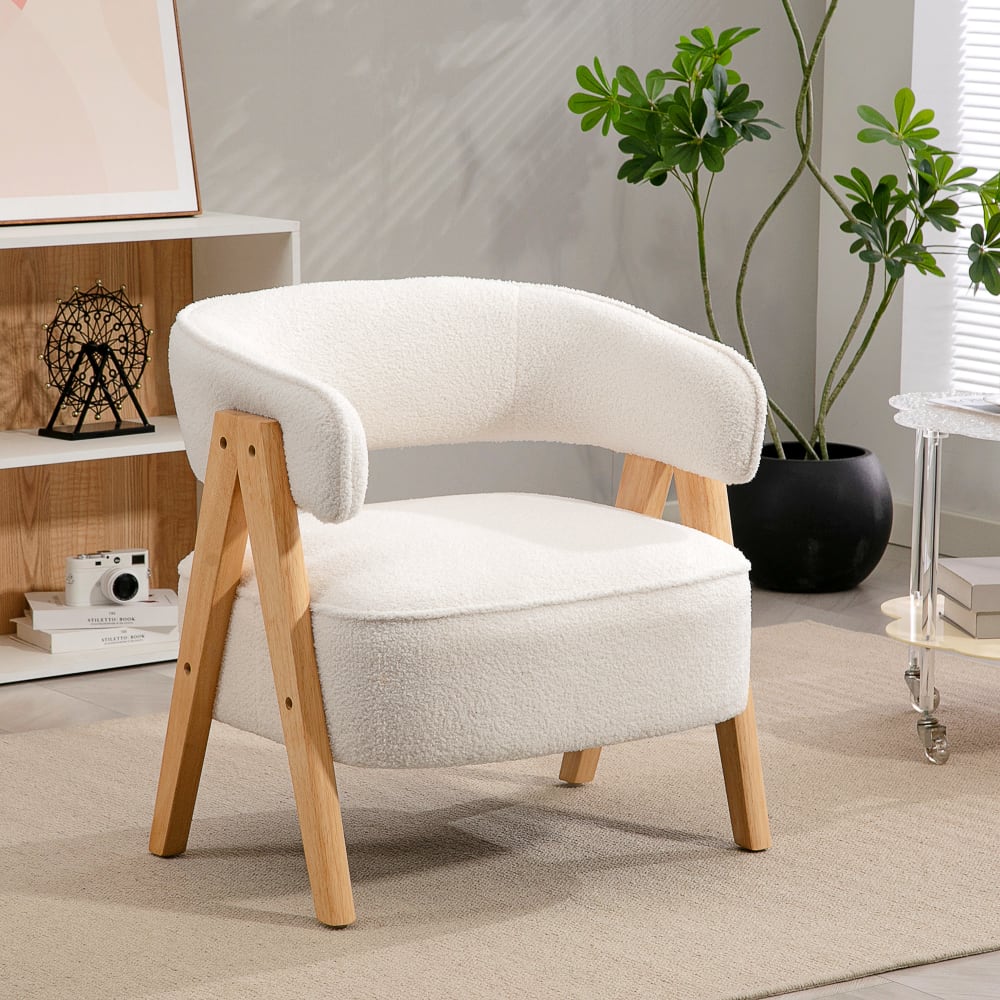 Fauteuil salon assise large tissu bouclette pieds en bois massif blanc