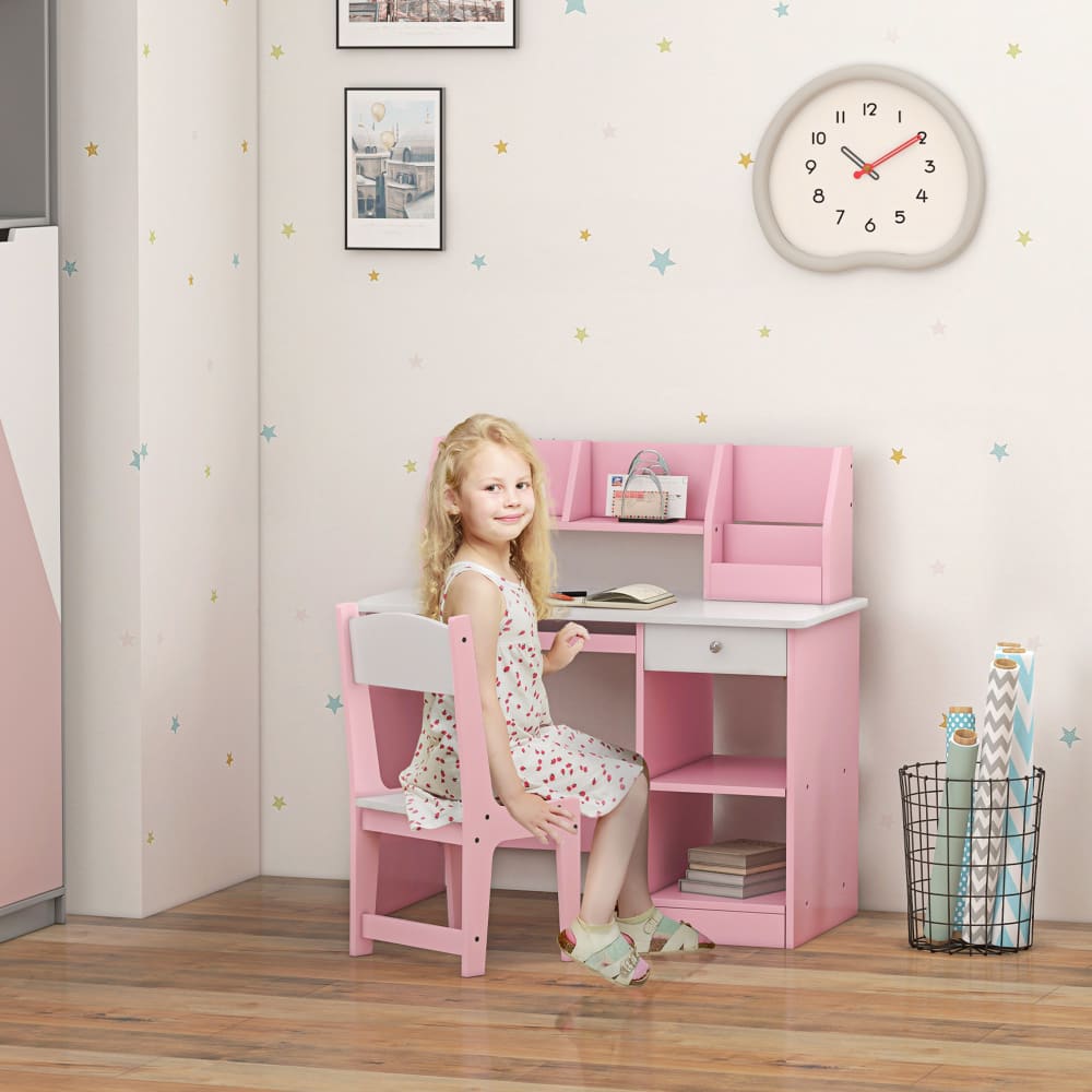 Ensemble bureau, chaise, étagère enfant multi-rangement rose