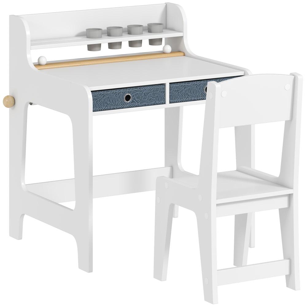 Bureau enfant avec chaise 2 tiroirs en tissu porte-gobelet MDF blanc