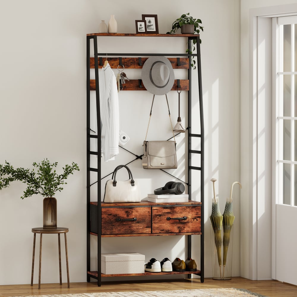 Meuble d'entrée 6 en 1 cadre en métal noir et brun rustique