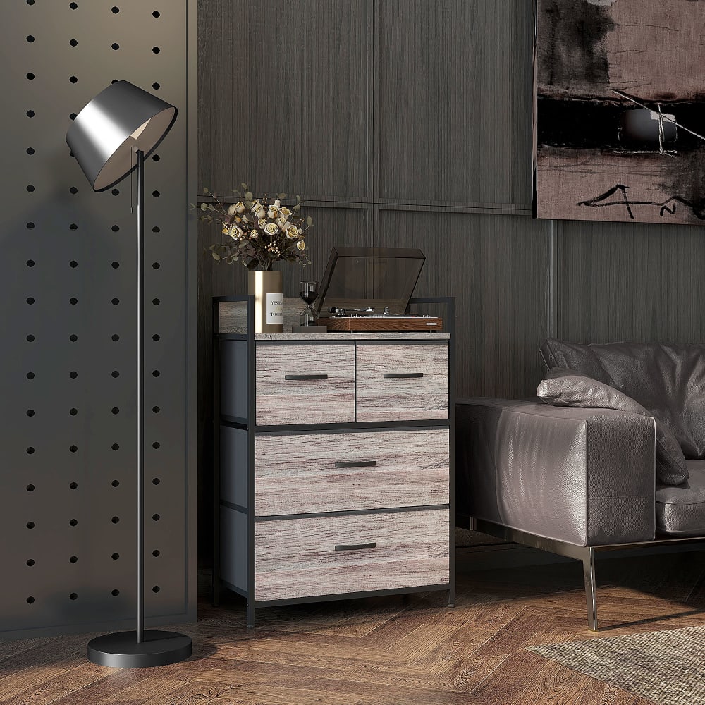 4-Schubladen-Kommode, Metall mit Holzoptik, grau - Maisons Du