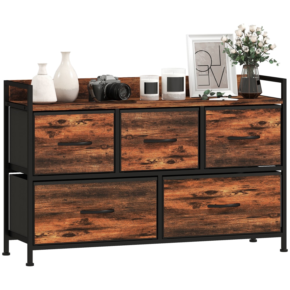 Commode 5 tiroirs en tissu pliables et cadre en acier brun rustique