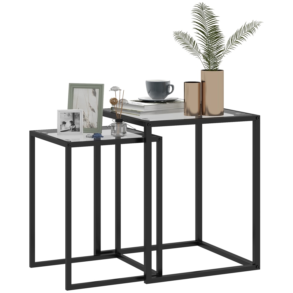 Lot de 2 tables basse gigogne plateau en verre trempé cadre acier noir