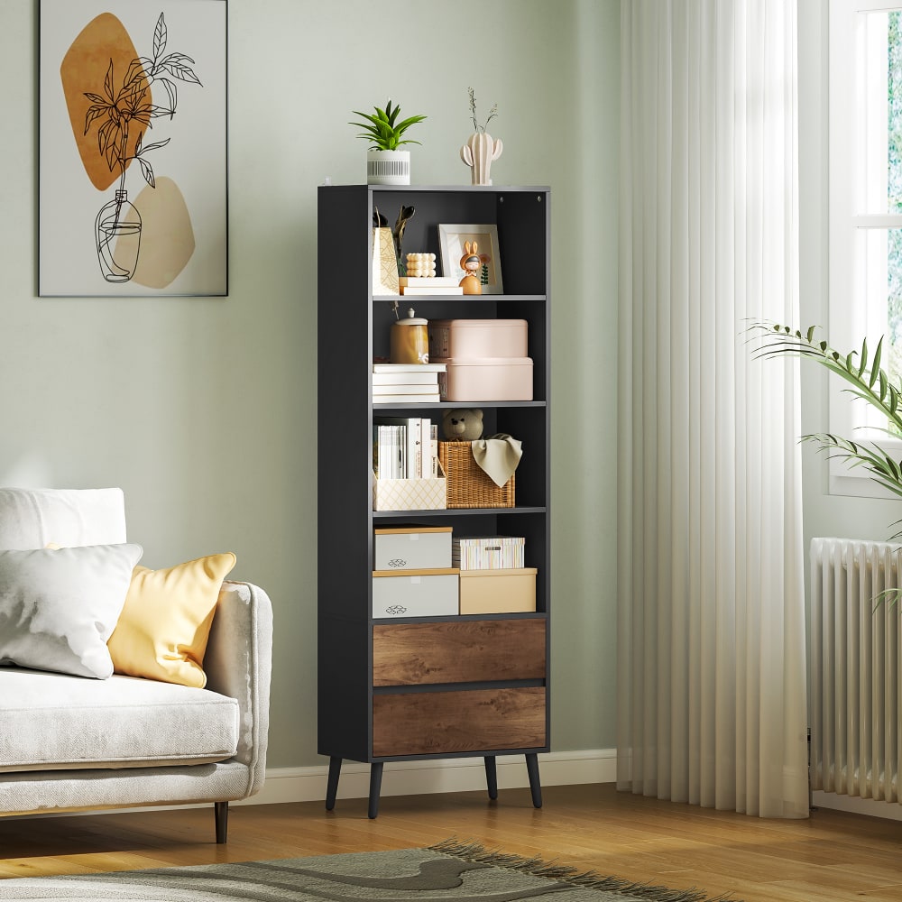 Bibliothèque étagère à livres 2 tiroirs métal gris