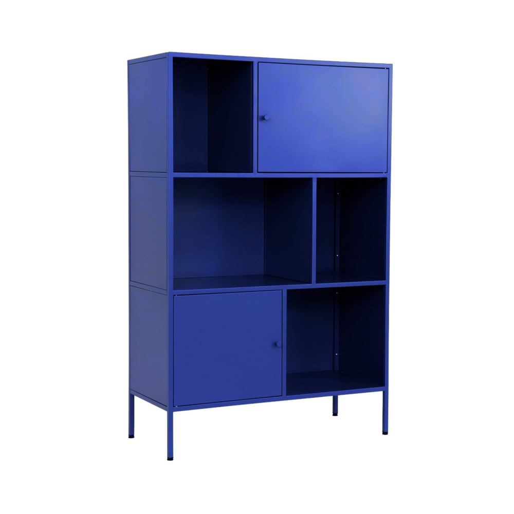 Buffet, meuble de rangement industriel métal bleu 6 compartiments