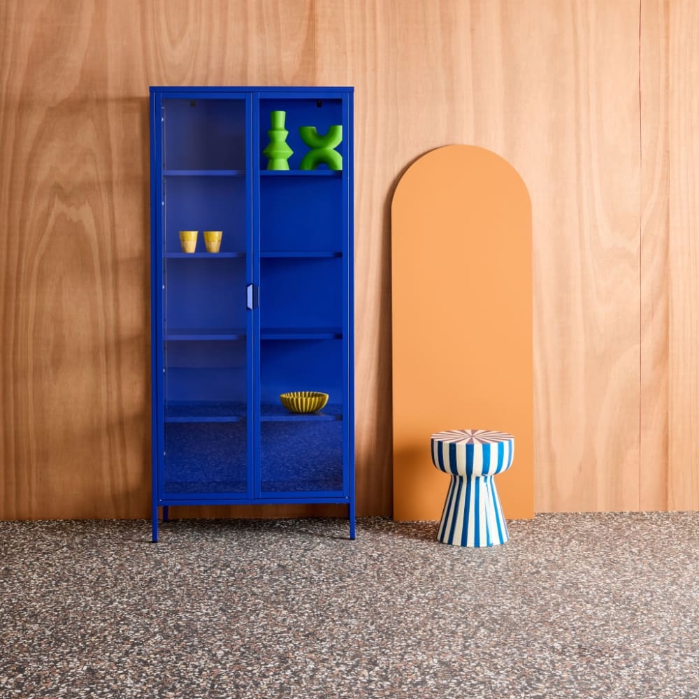 sweeek Schrank aus Stahl und Glas, 2 Türen, 180 cm, blau style industrial - Stahl
