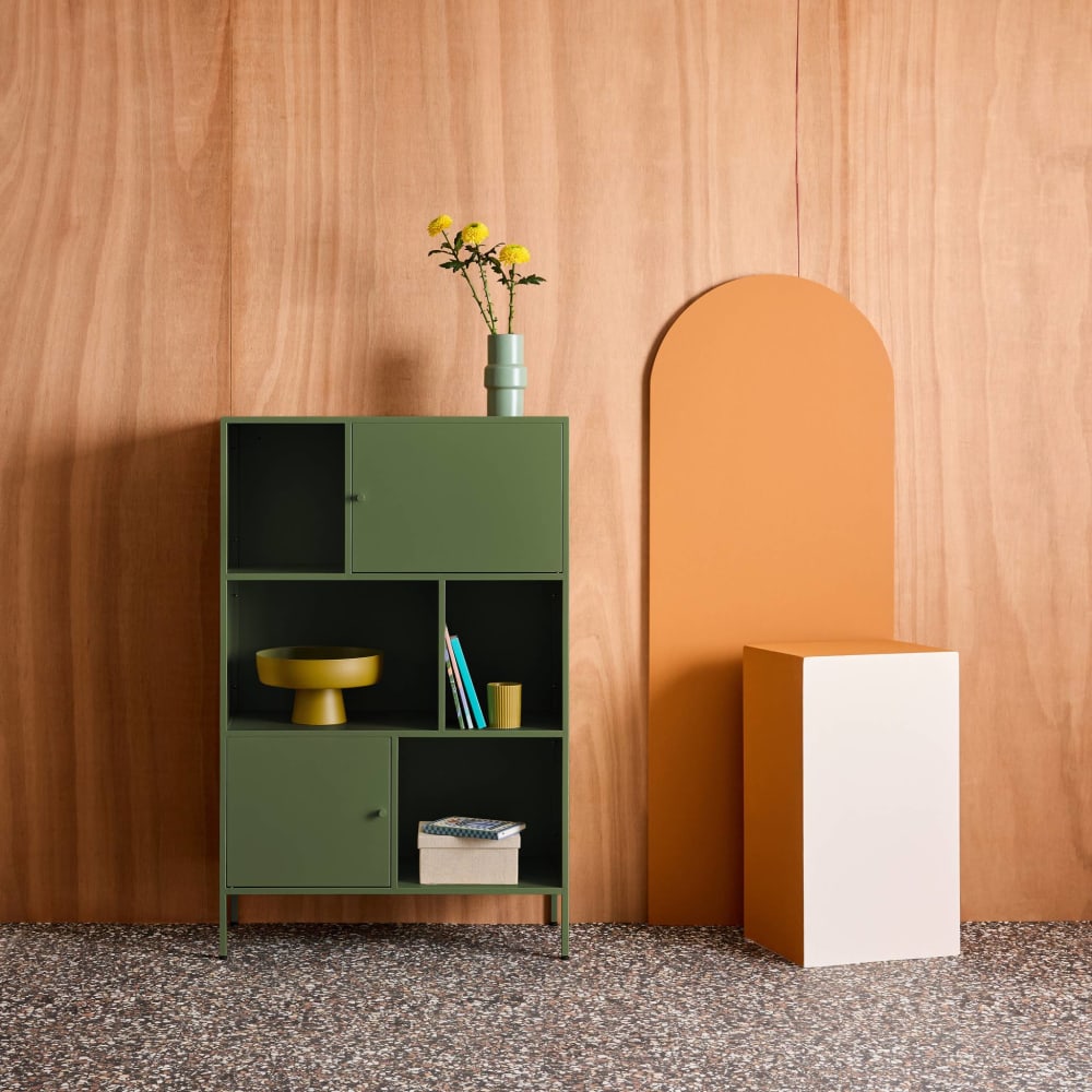 Buffet, meuble de rangement industriel métal vert 6 compartiments