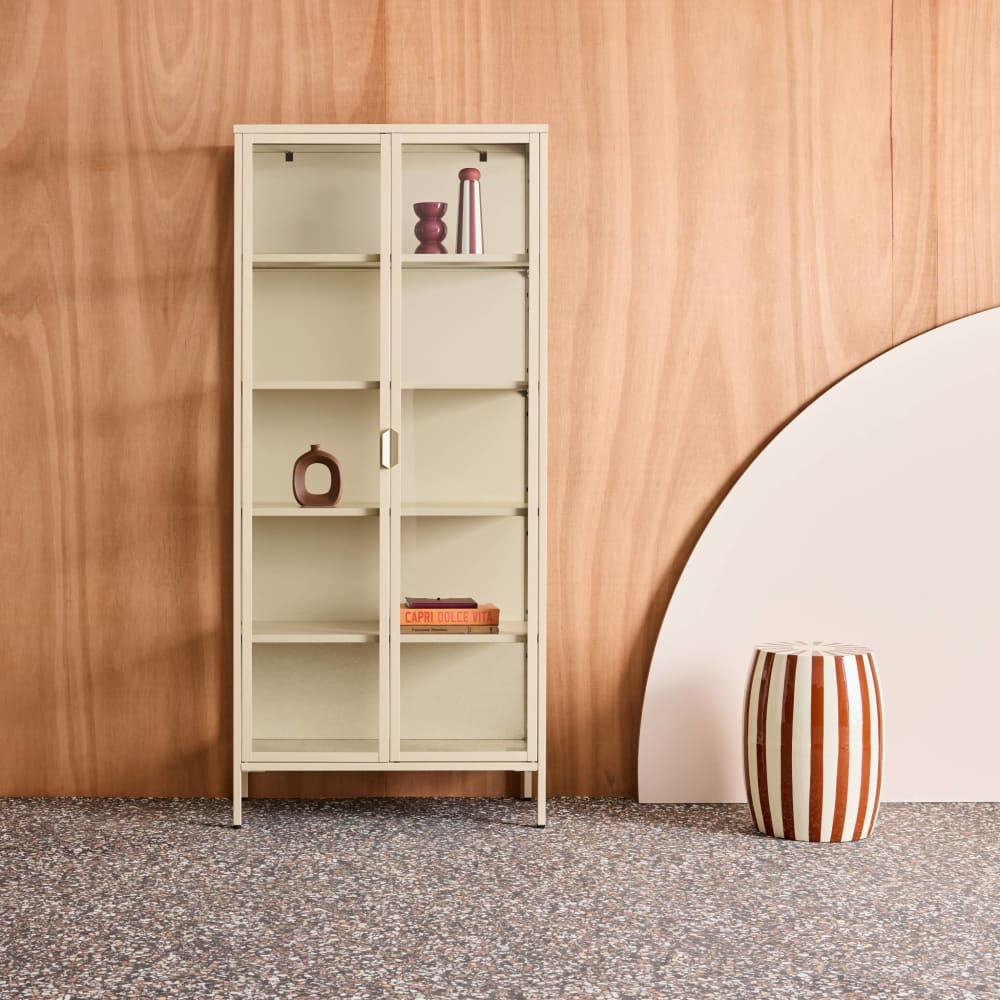Buffet, vaisselier acier et verre trempé 2 portes 180cm beige