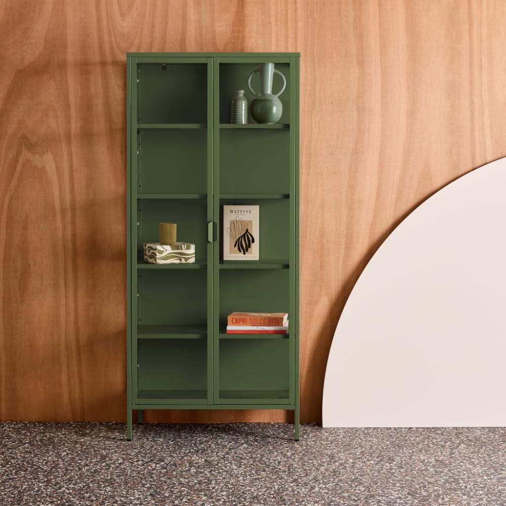 sweeek Schrank aus Stahl und Glas, 2 Türen, 180 cm, grün style industrial - Stahl