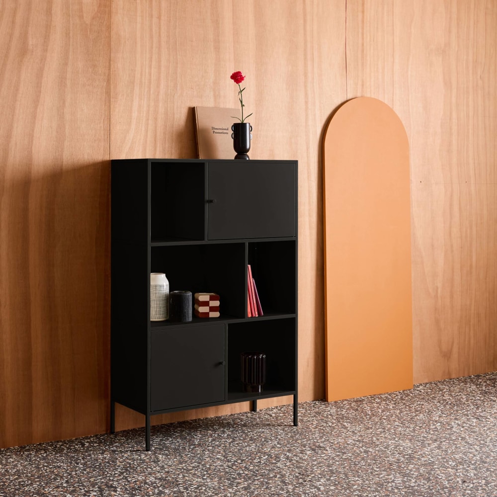 Buffet, meuble de rangement industriel métal noir 6 compartiments