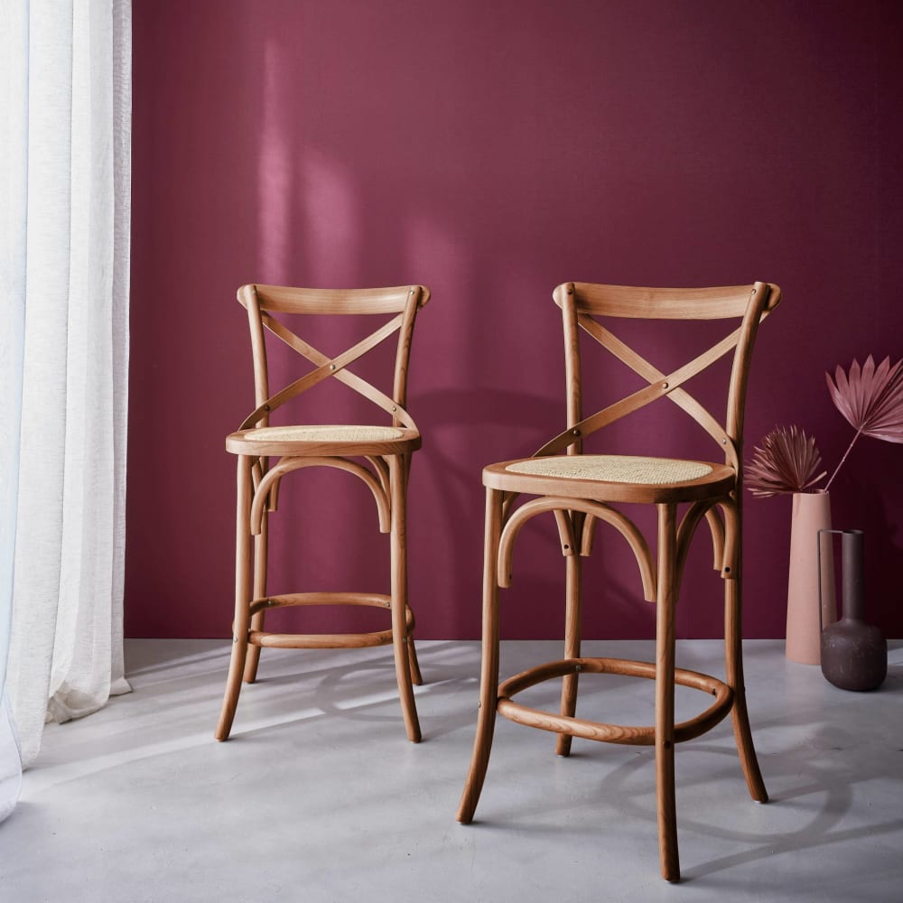 2 tabourets de bar bistrot bois effet noyer