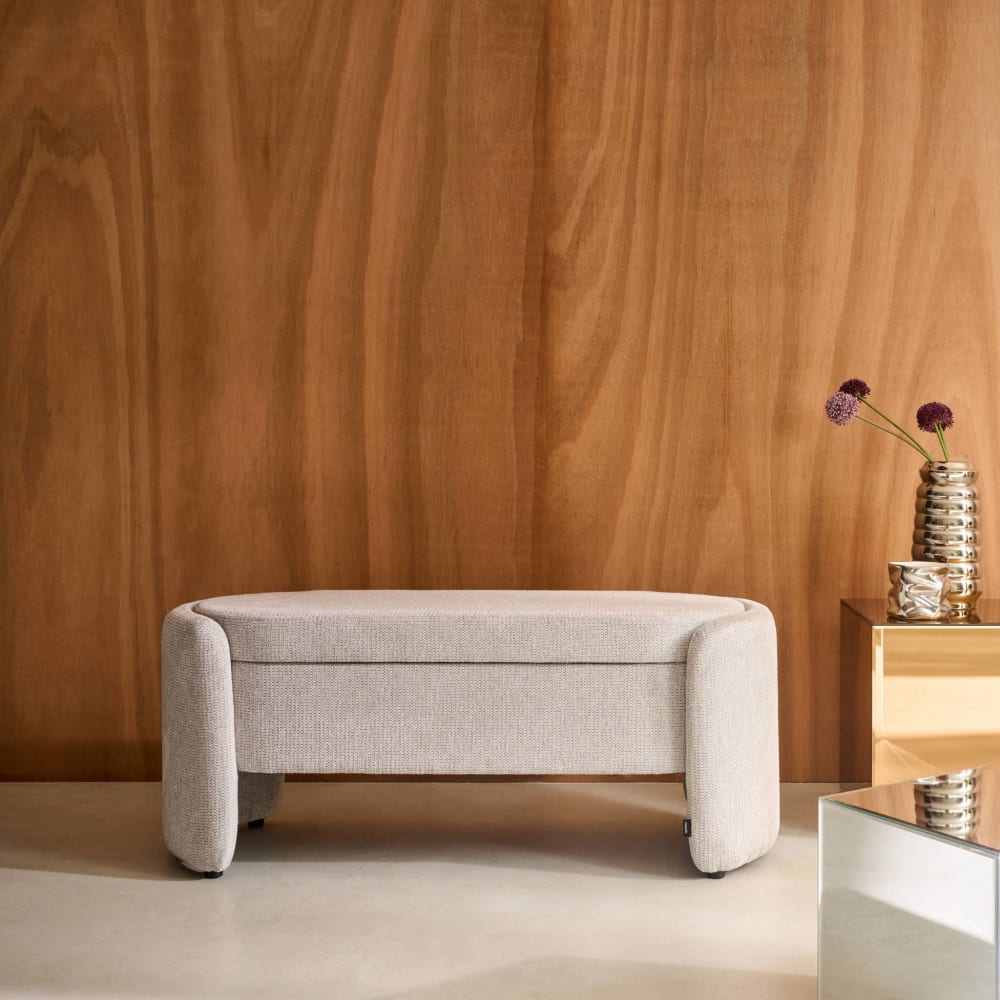 Banc coffre, bout de lit contemporain tissu gris clair