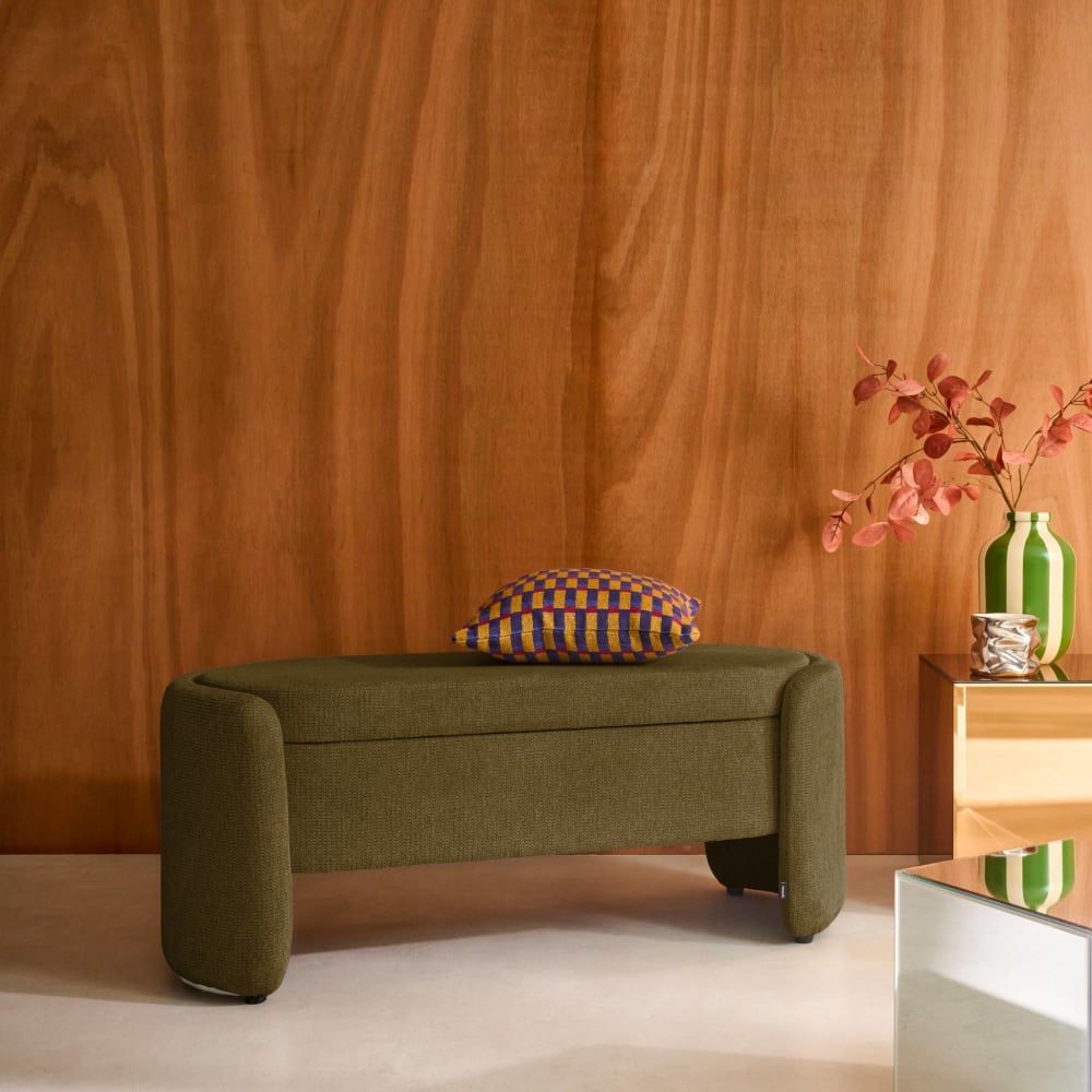 Banc coffre, bout de lit contemporain tissu kaki