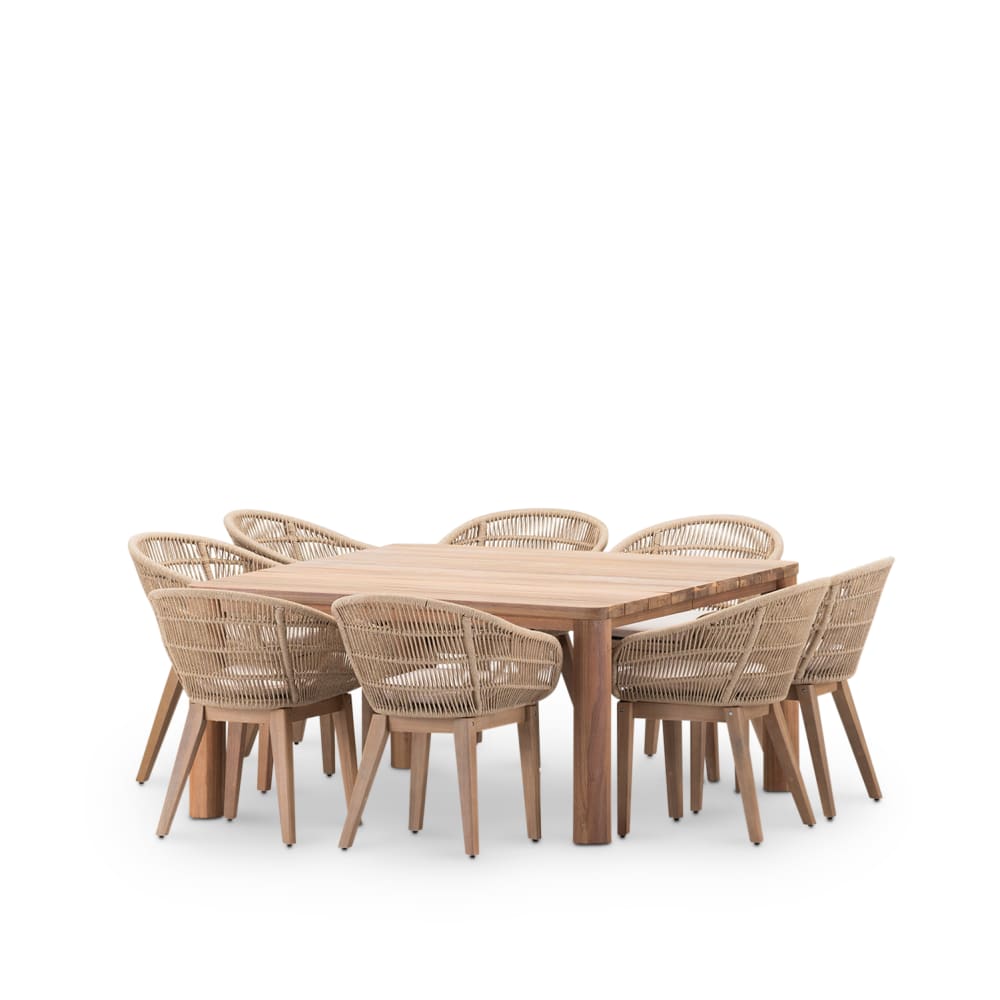 Defora Home Gartenset Tisch 150x150 mit 8 Stühlen aus Holz und Seil Braun Holz