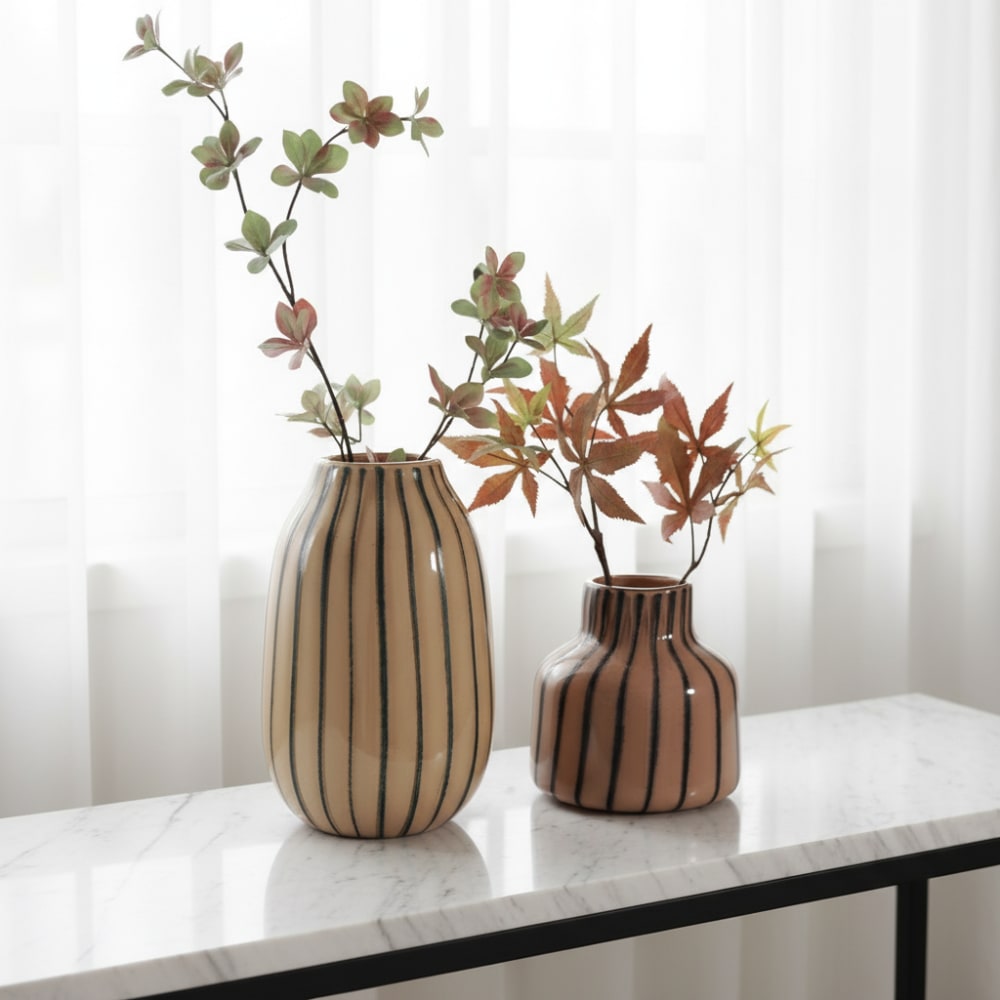 Vase en verre marron et lignes bleues h28