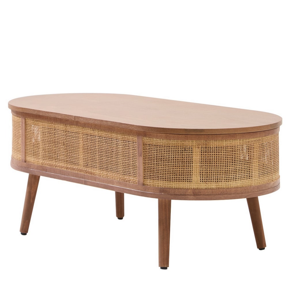 Table basse en bois de noyer et rotin avec rangement