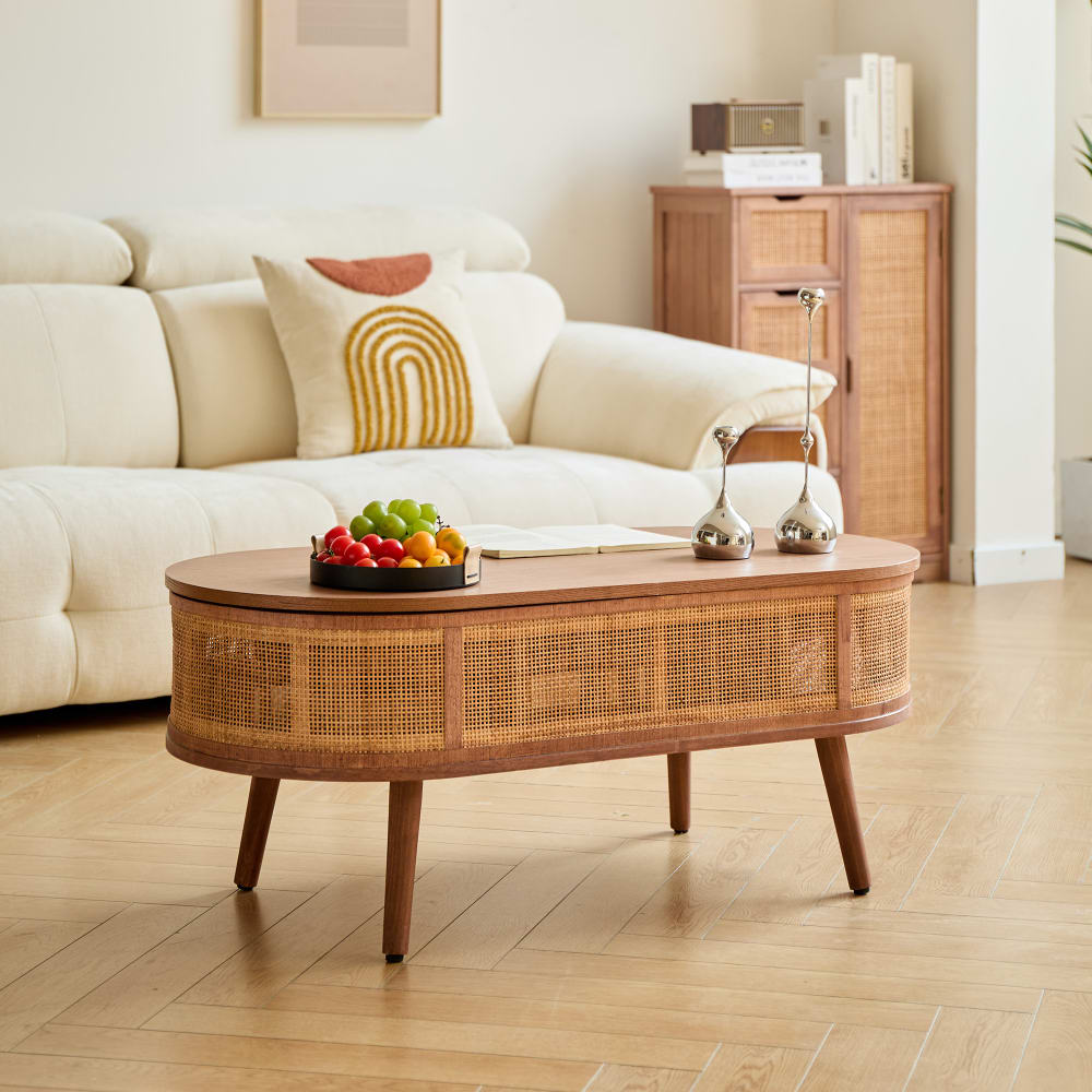 Table basse en bois de noyer et rotin avec rangement