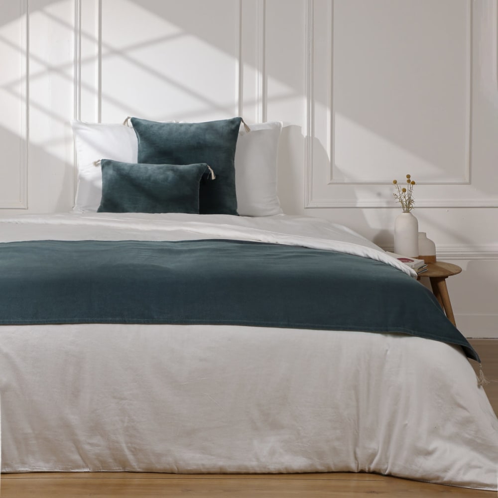 Chemin de lit velours de coton bleu orage 90x200