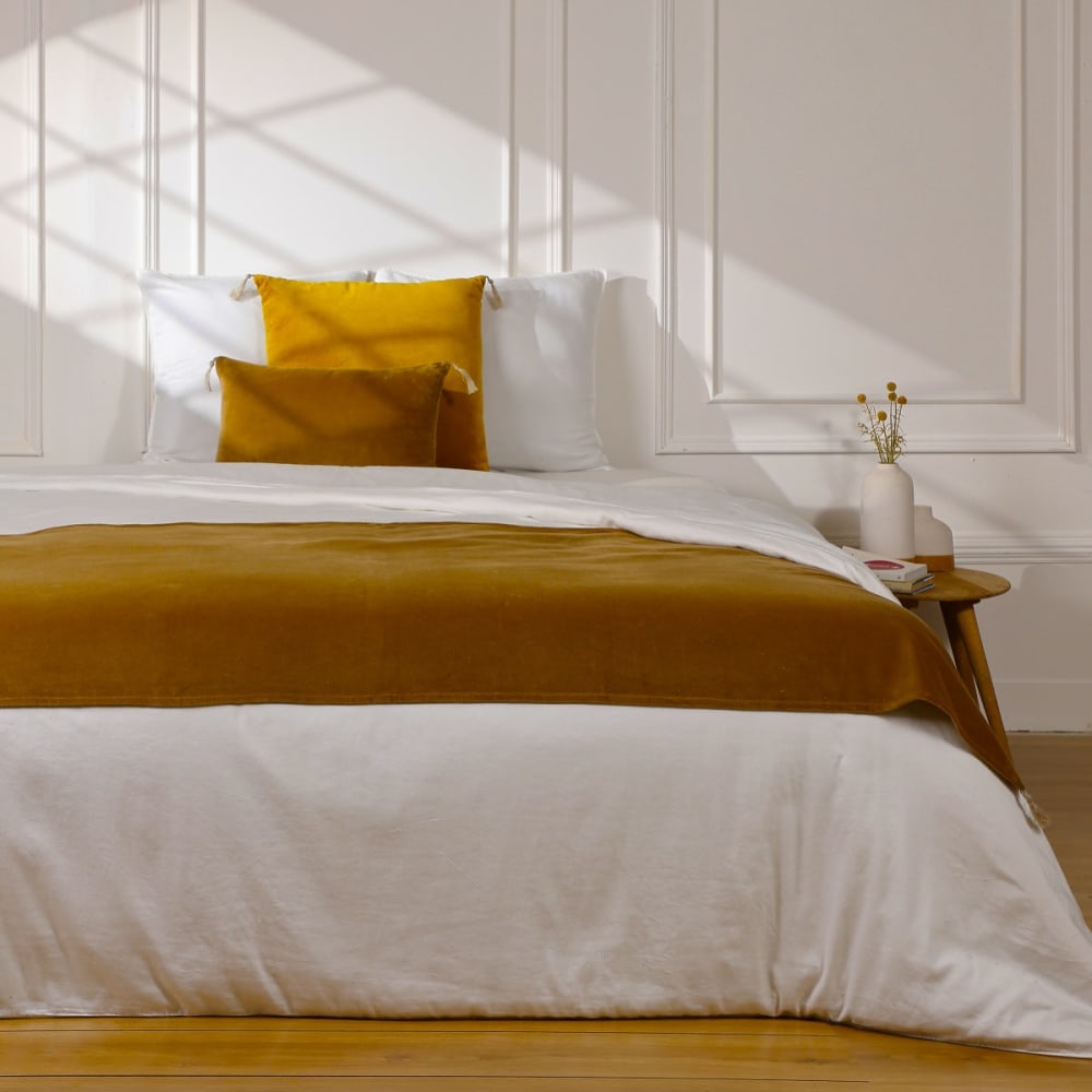 Chemin de lit velours de coton brun tabac 90x200