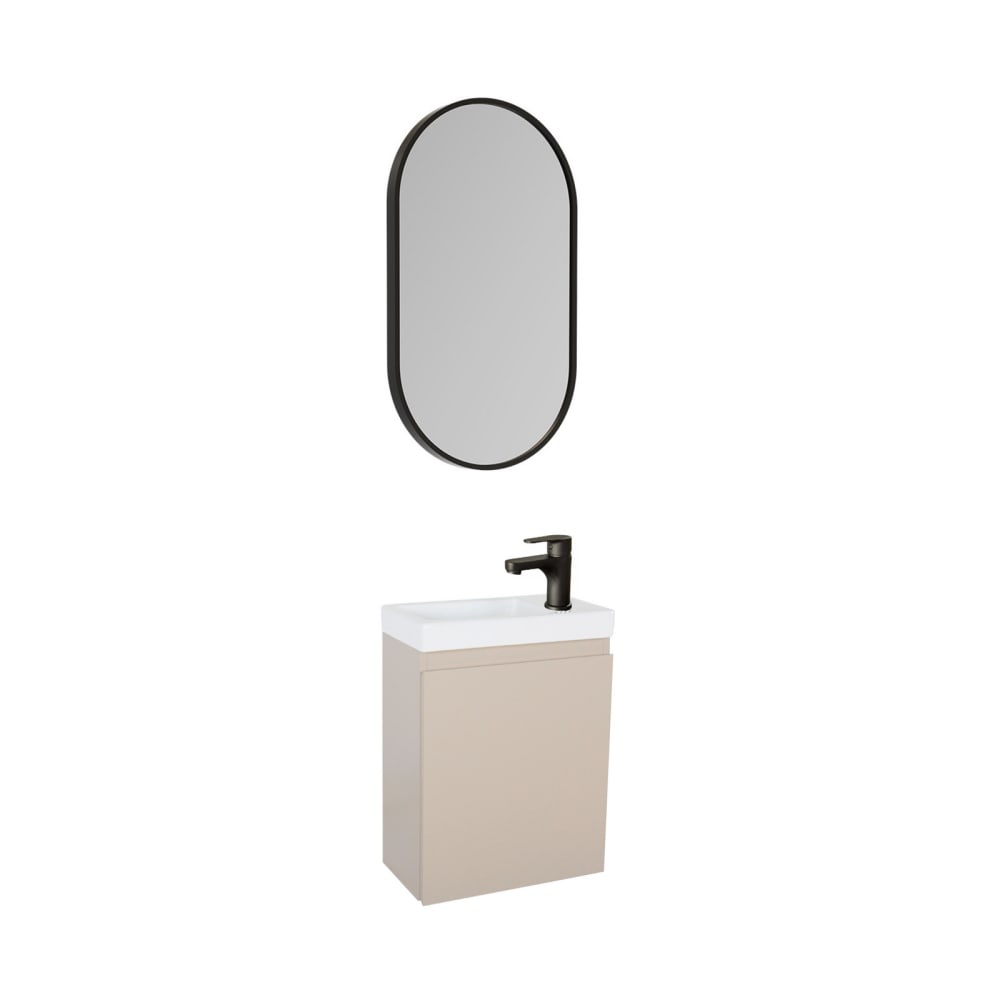 Meuble lave-mains  + robinet noir + miroir ovale