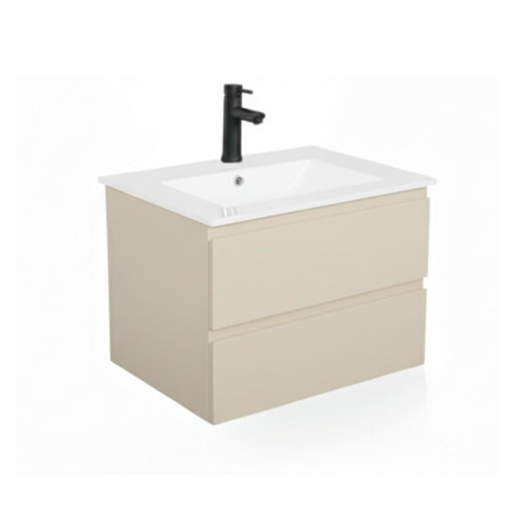 Mob In Einzelwaschtisch-Set 60cm mit Keramikplatte und schwarzem Wasserhahn Beige Spanplatte