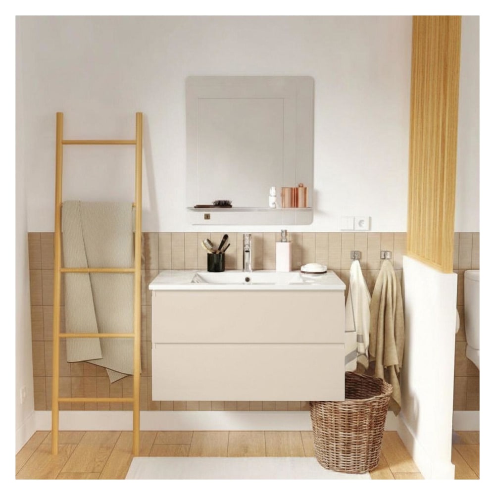 Meuble simple vasque 80cm décor chêne  + vasque+robinet chromé+miroir