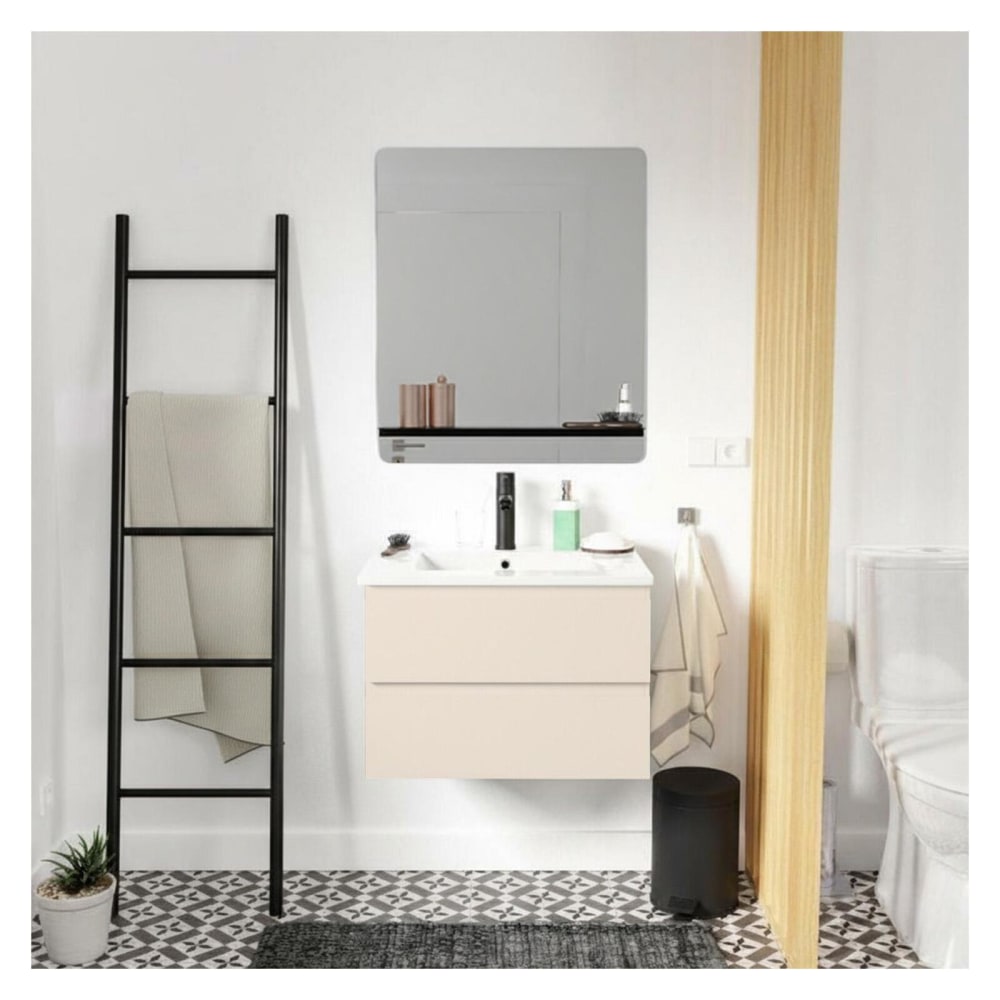 Meuble simple vasque 60cm  chêne+vasque noire+robinet+miroir rectangle