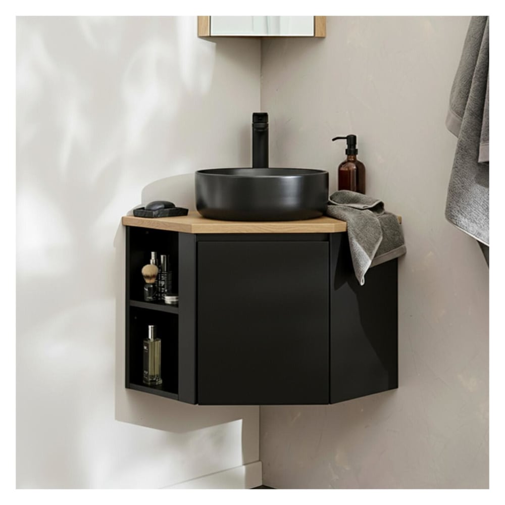 Ensemble meuble sous vasque d'angle  + vasque noire + robinet