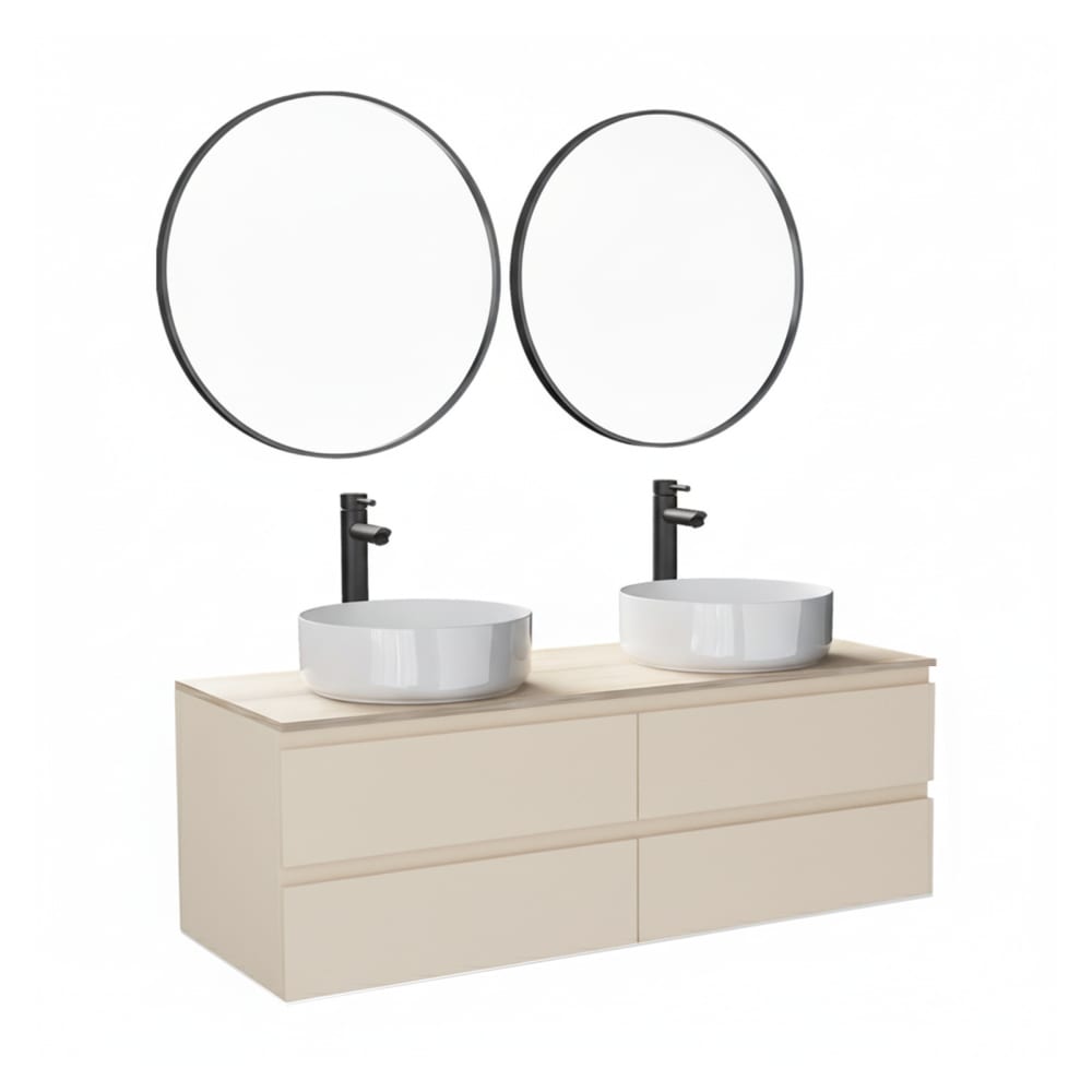 Meuble double vasque 120cm avec plan bois  Blanc+vasque+robinet+miroir