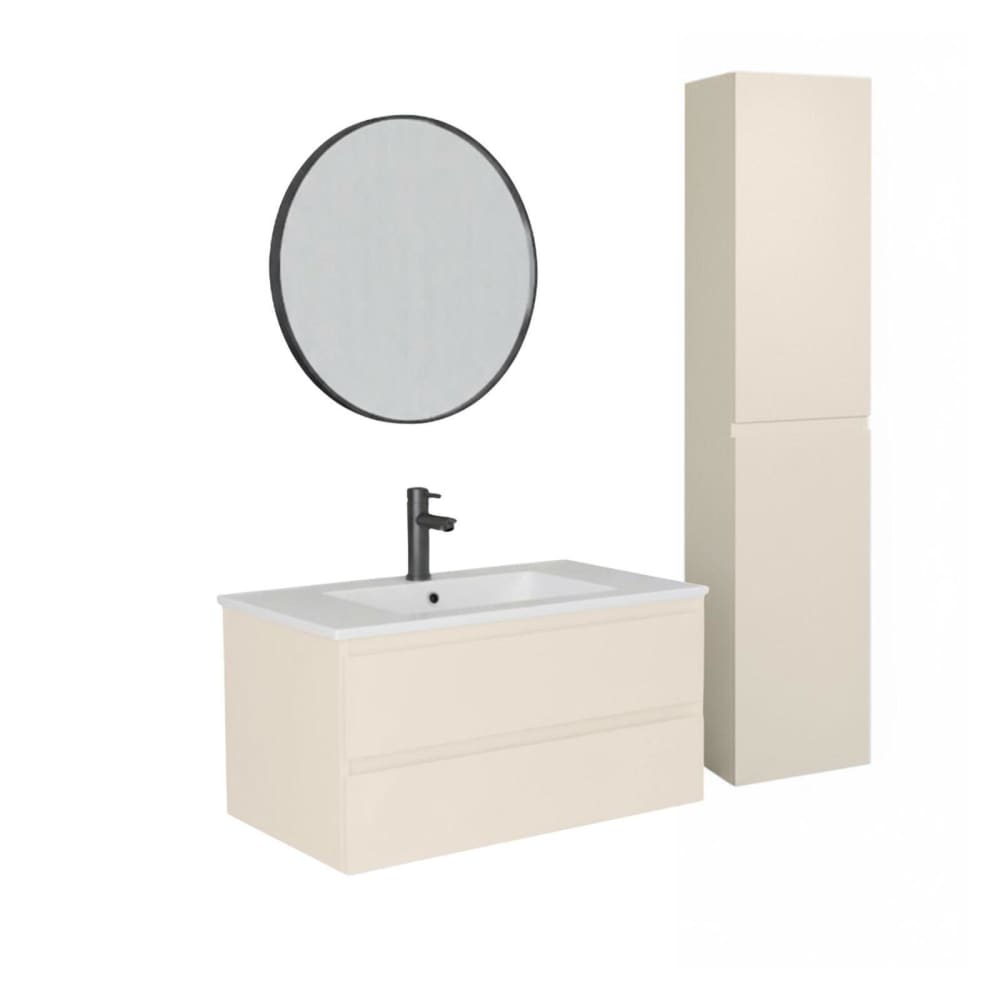 Meuble simple vasque 80cm décor chêne +robinet noir+miroir+colonne