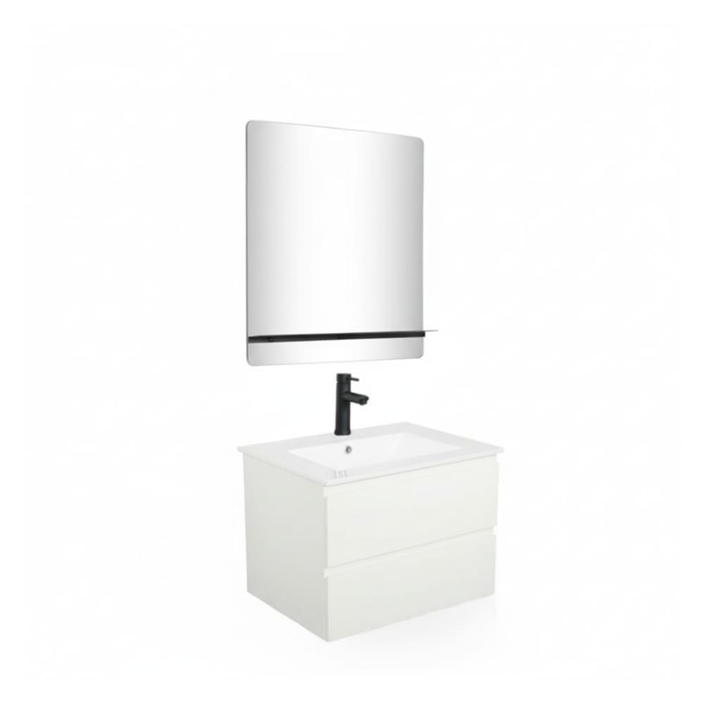 Meuble simple vasque 60cm  chêne+vasque noire+robinet+miroir rectangle
