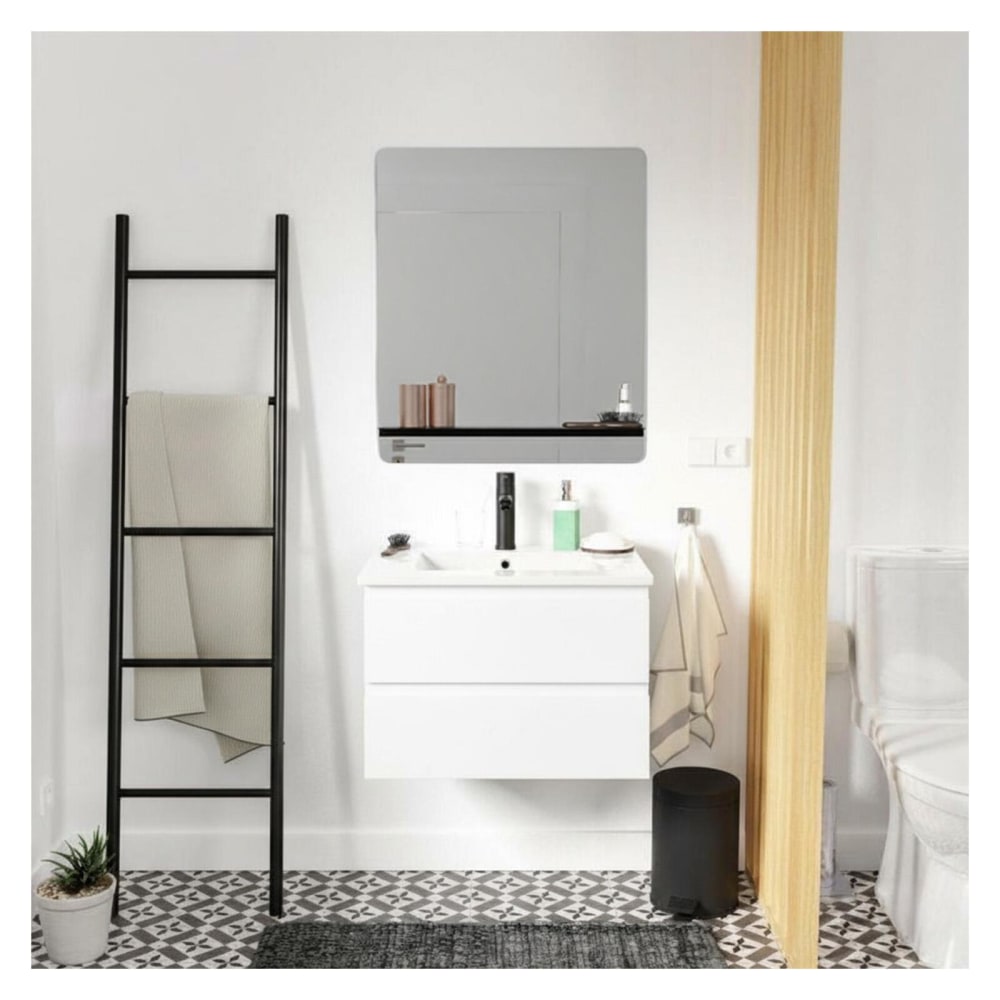 Meuble simple vasque 60cm  chêne+vasque noire+robinet+miroir rectangle